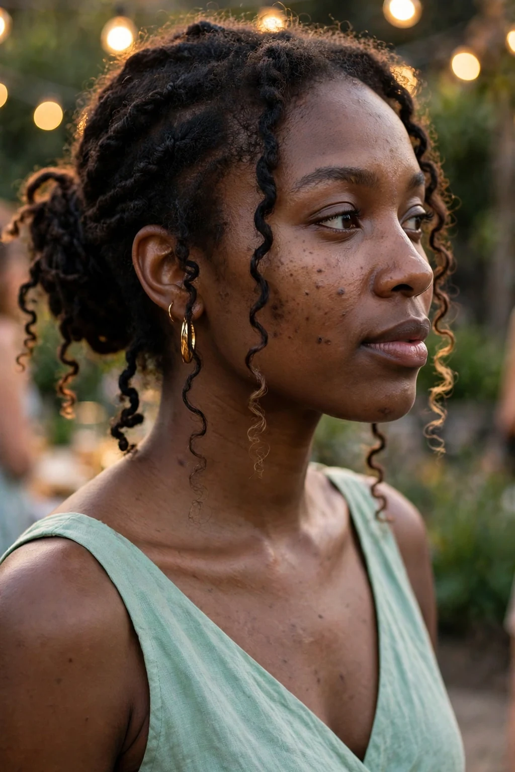 A young woman with a twisted spring updo and loose tendrils, at a garden party wearing a mint green dress.