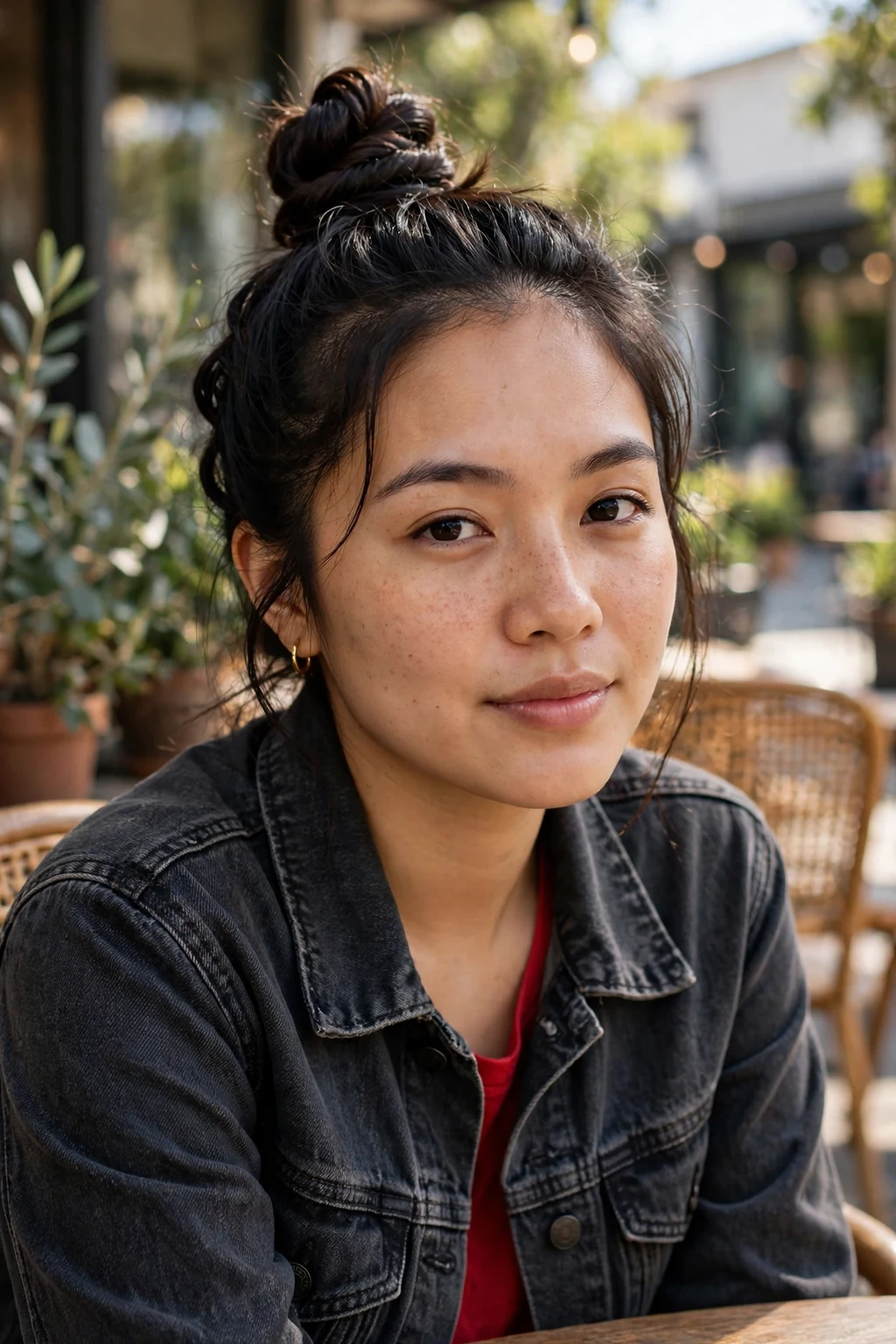 Young woman with a twisted top knot, wearing a charcoal denim jacket over a red top at a coffeehouse patio.