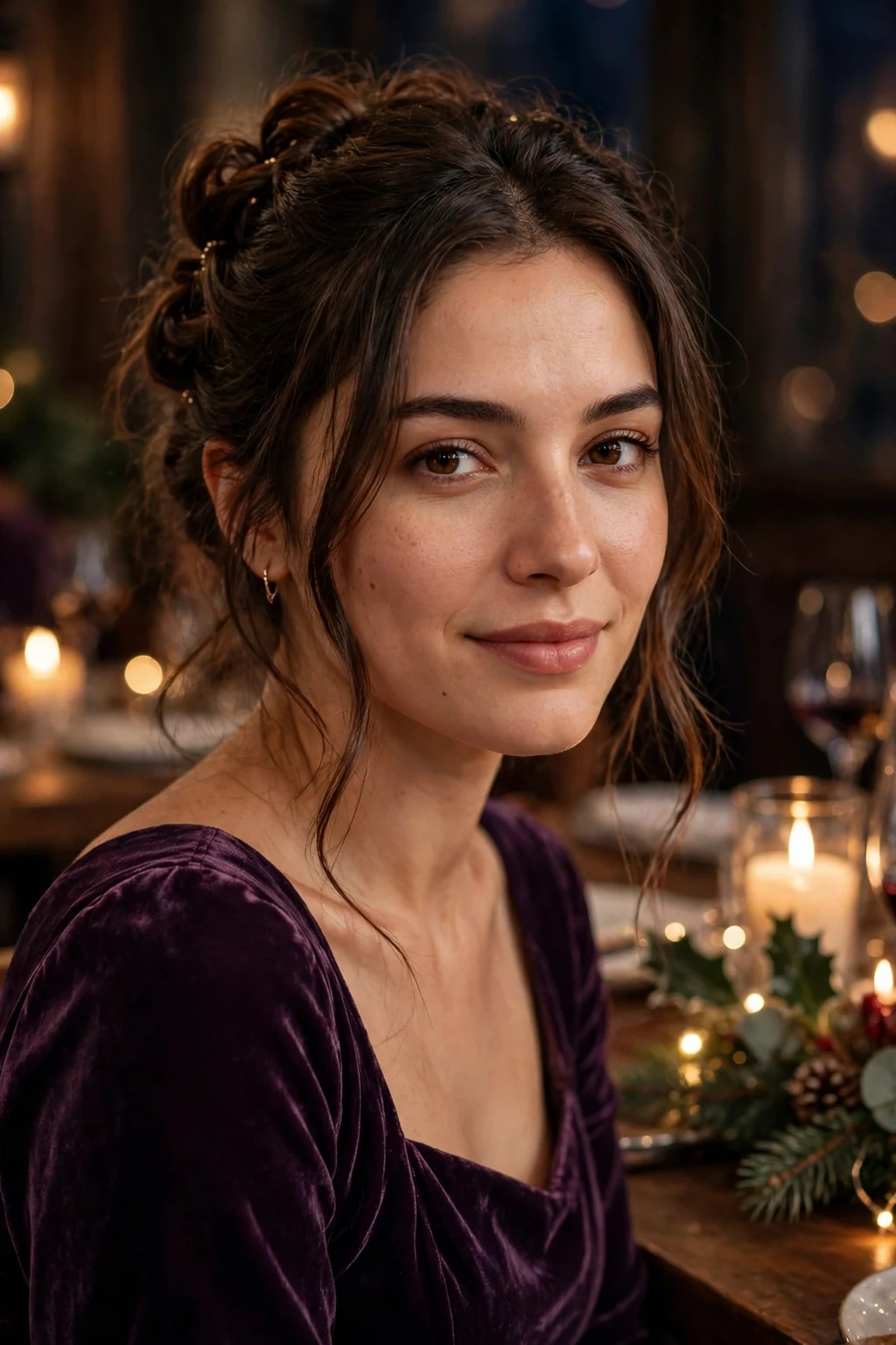 A young woman with a twisted updo and face-framing pieces at a party, wearing a deep purple velvet dress.