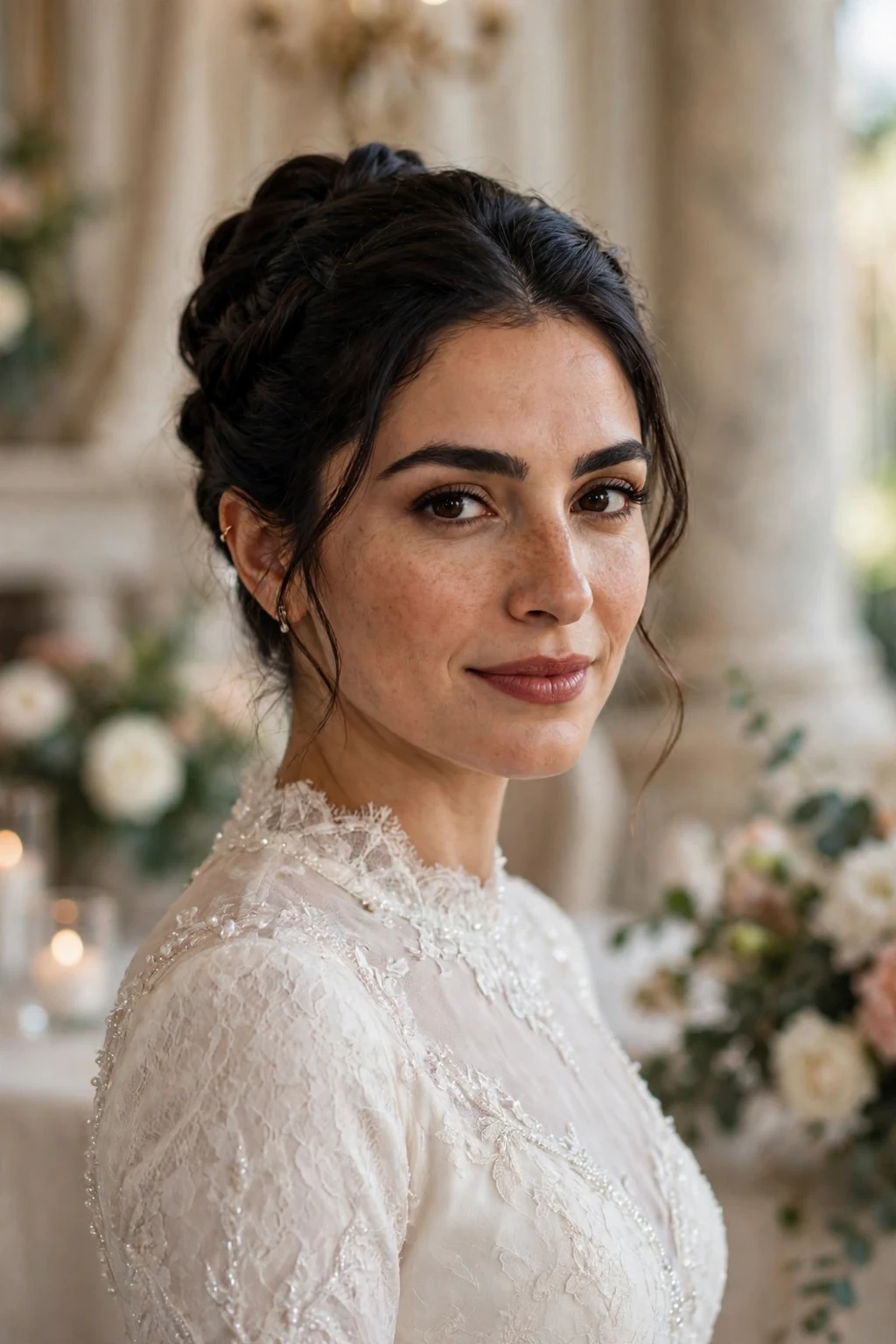 Beautiful bride with twisted updo, elegant twisted updo, refined light.
