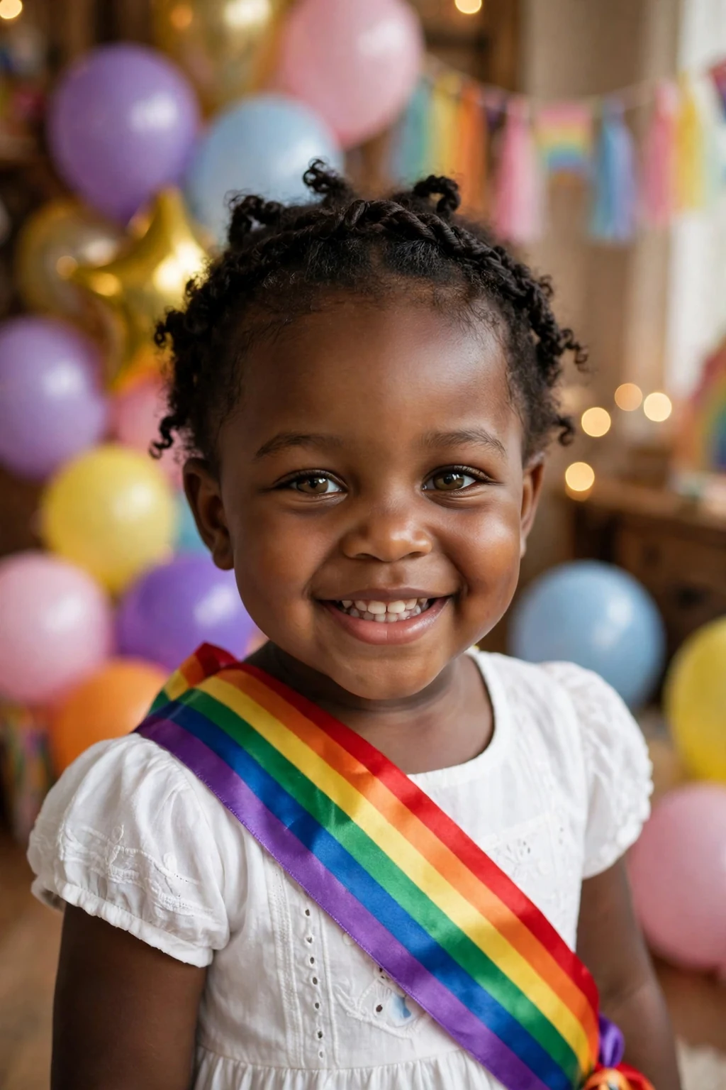 A toddler girl with twisted crown hairstyle, wearing white dress with rainbow sash, in birthday party room with balloons.