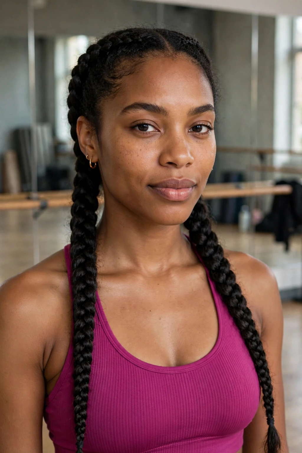 Young Black woman with two cornrows in a dance studio, wearing a magenta top.