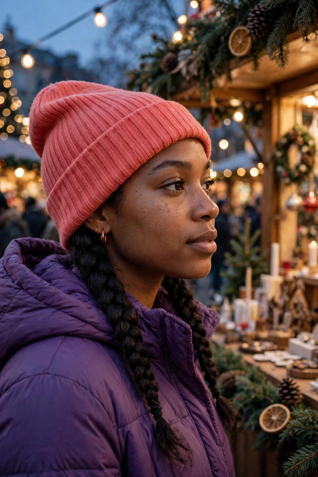 Young woman with two low pigtail braids under a coral beanie at a Christmas market.