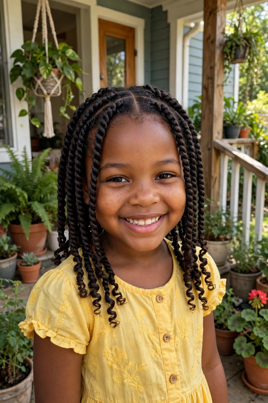 A smiling 7-year-old Black girl with two-strand twist curls all over, wearing a yellow dress on a porch.