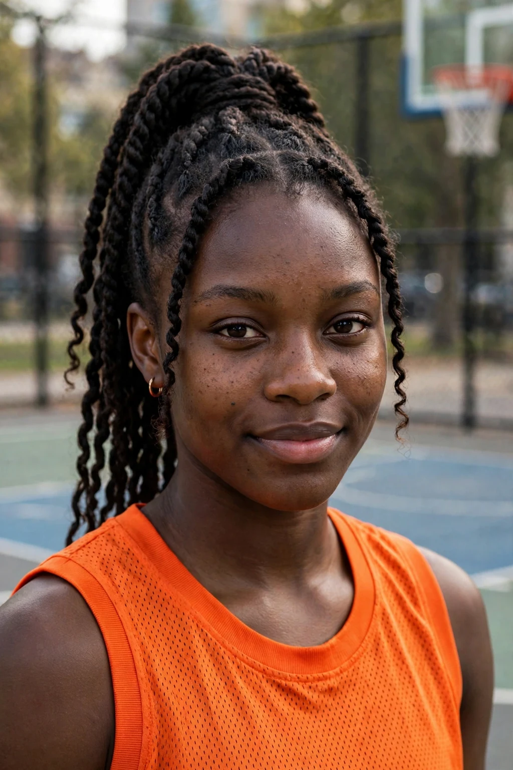 Young woman athlete with a two-strand twist ponytail, wearing an orange jersey.