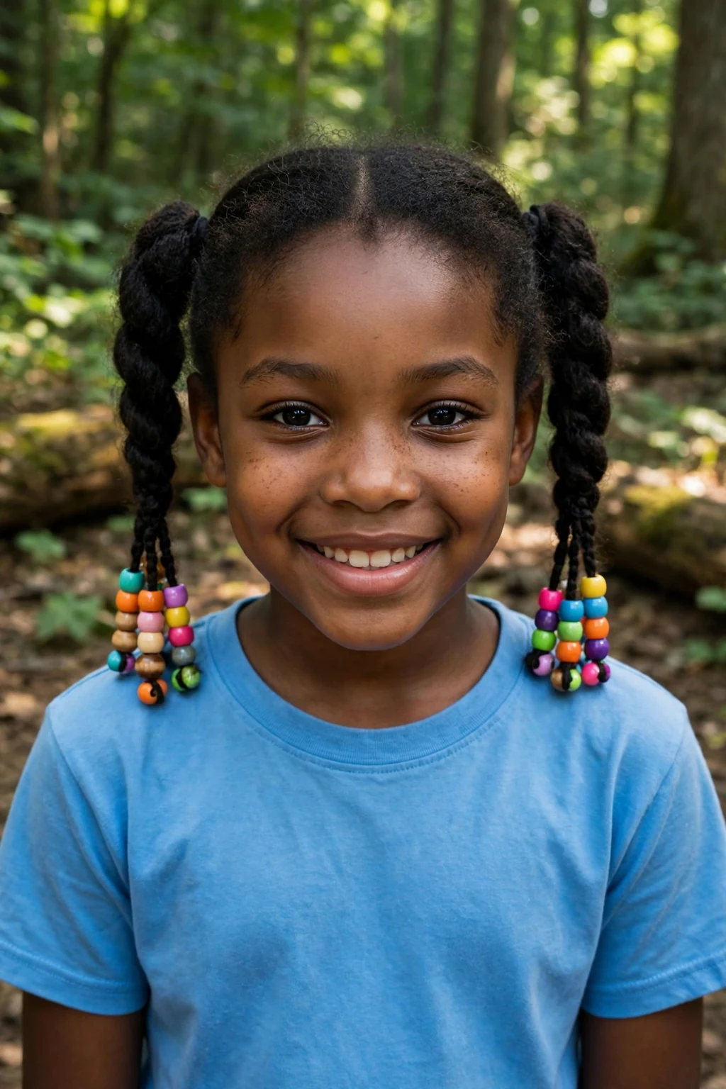 A young girl with two-strand twisted pigtails and colorful beads at a summer camp.