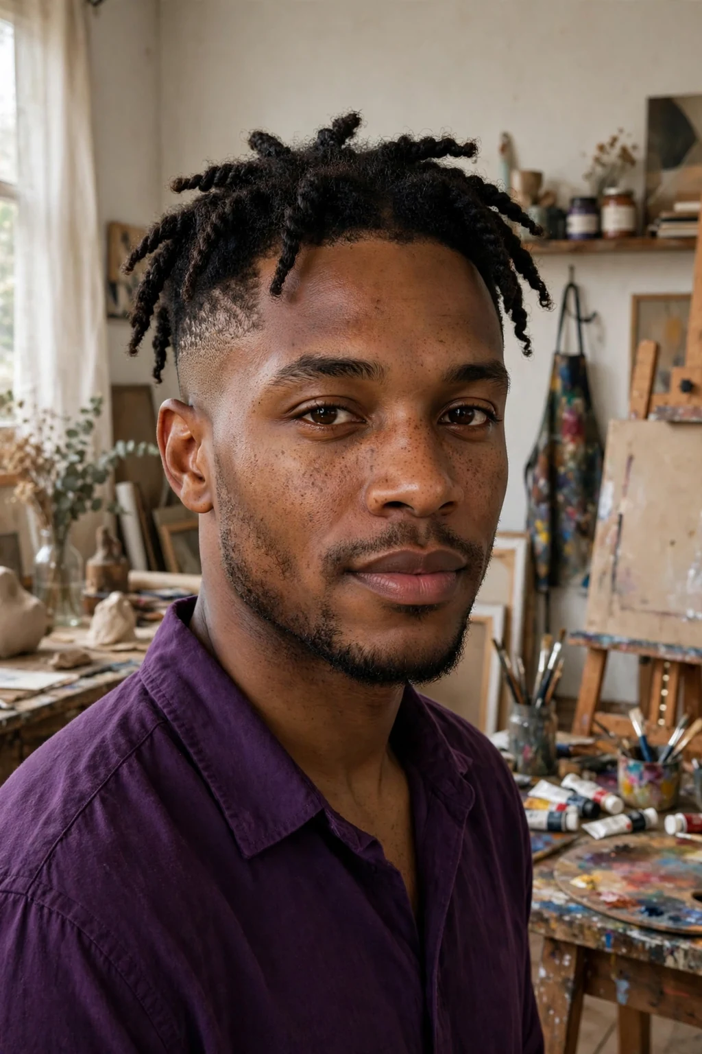 Man in his late 20s with two-strand twists and a fade, wearing a deep purple shirt in an art studio.