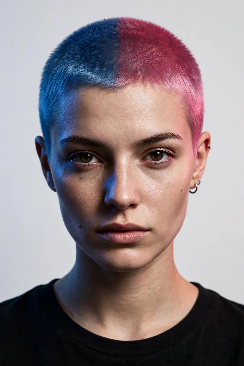 Woman with two-tone buzz cut, contrasting dyed colors, bold artistic light.