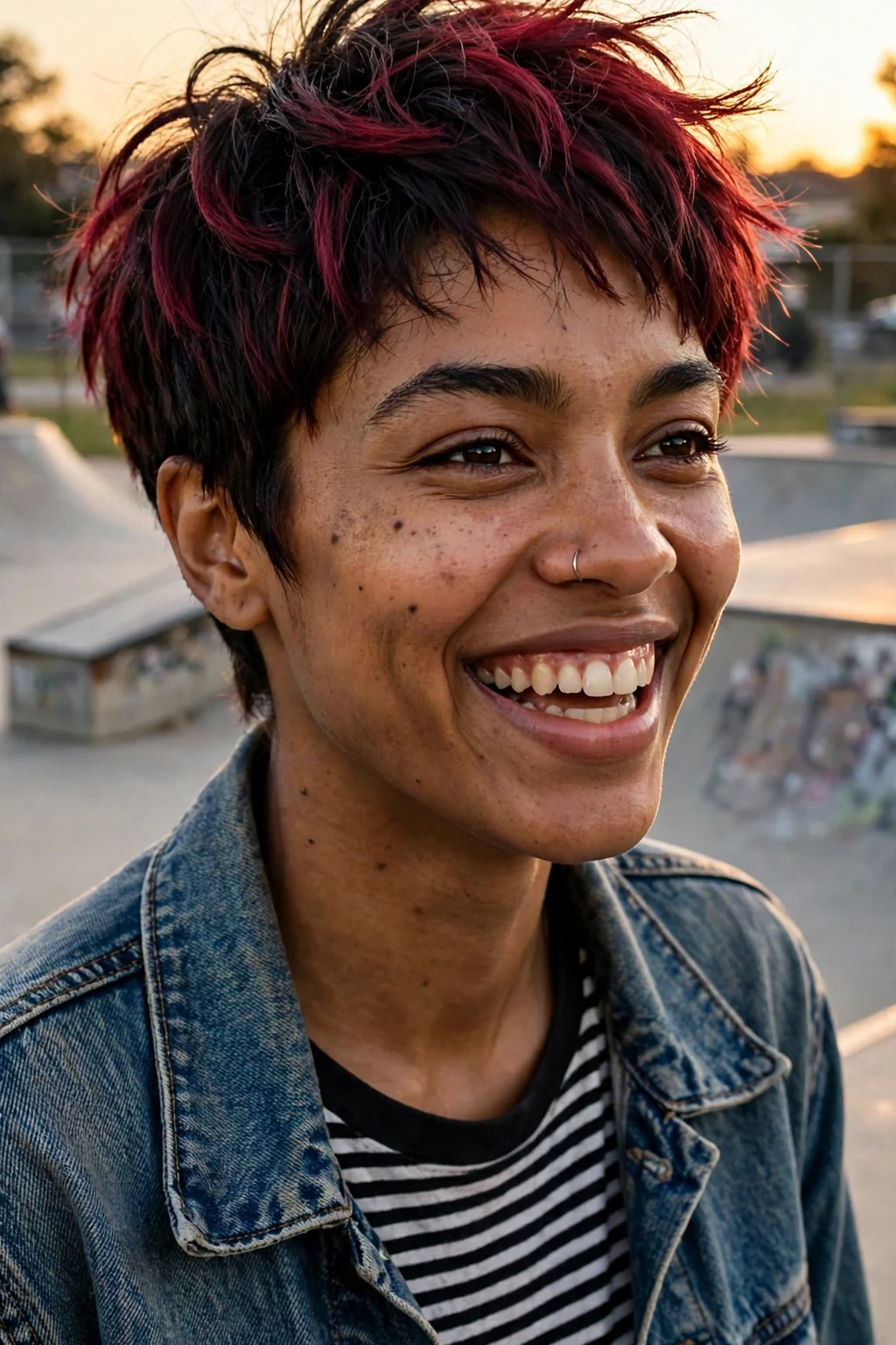 A young woman with a two-tone pixie haircut, dark roots with vivid burgundy-red tips through choppy layers.