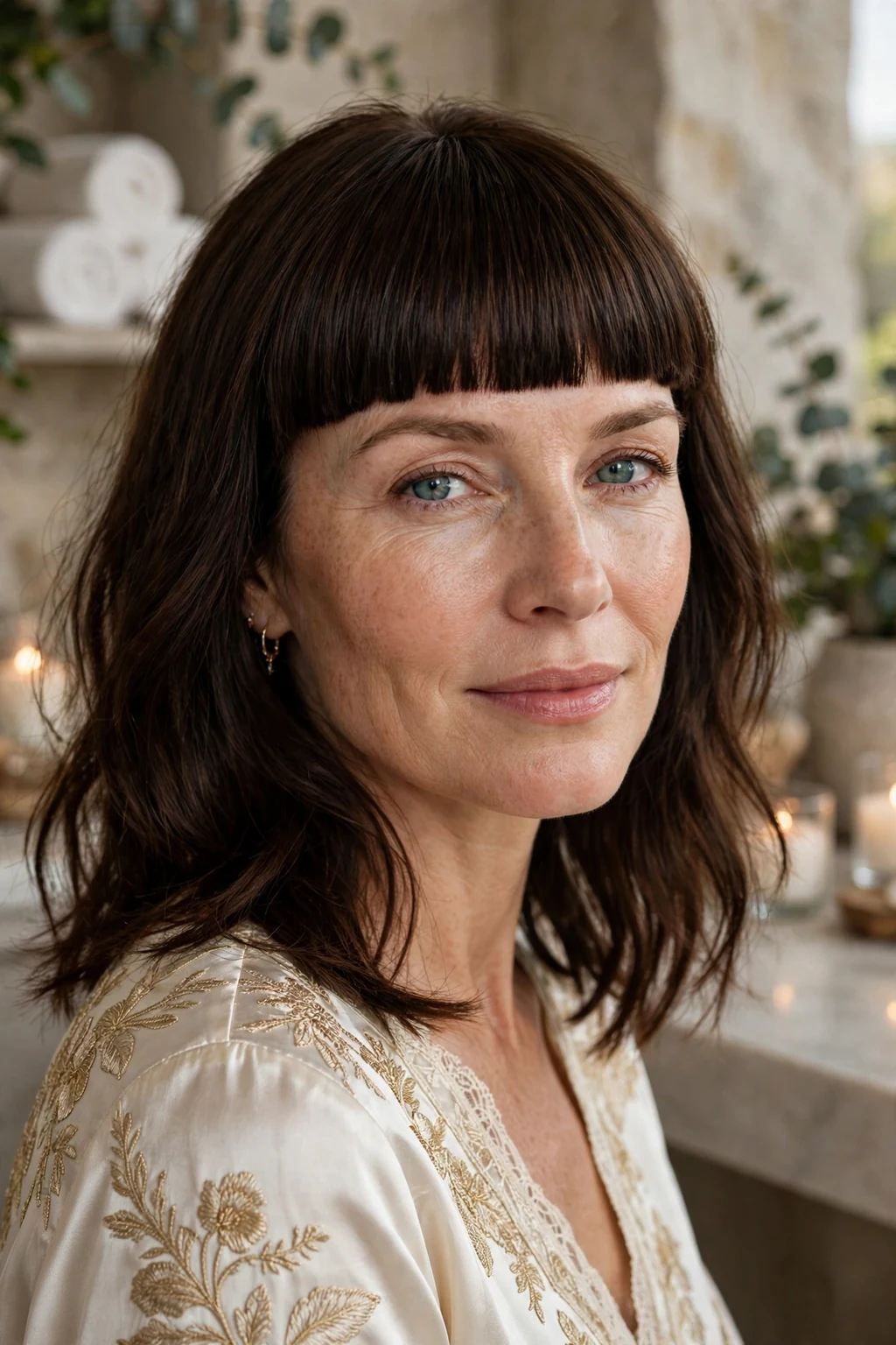 Beautiful woman with ultimate bangs, perfect signature bangs, exquisite light.