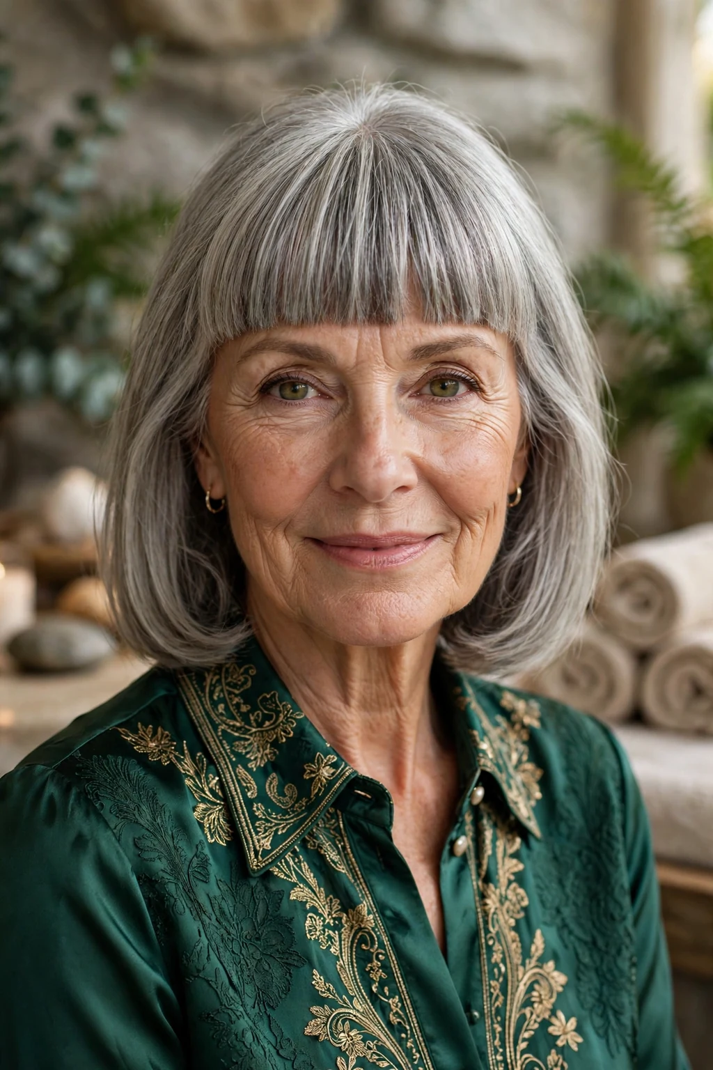 Beautiful older woman with ultimate bangs, perfect signature bangs, exquisite light.
