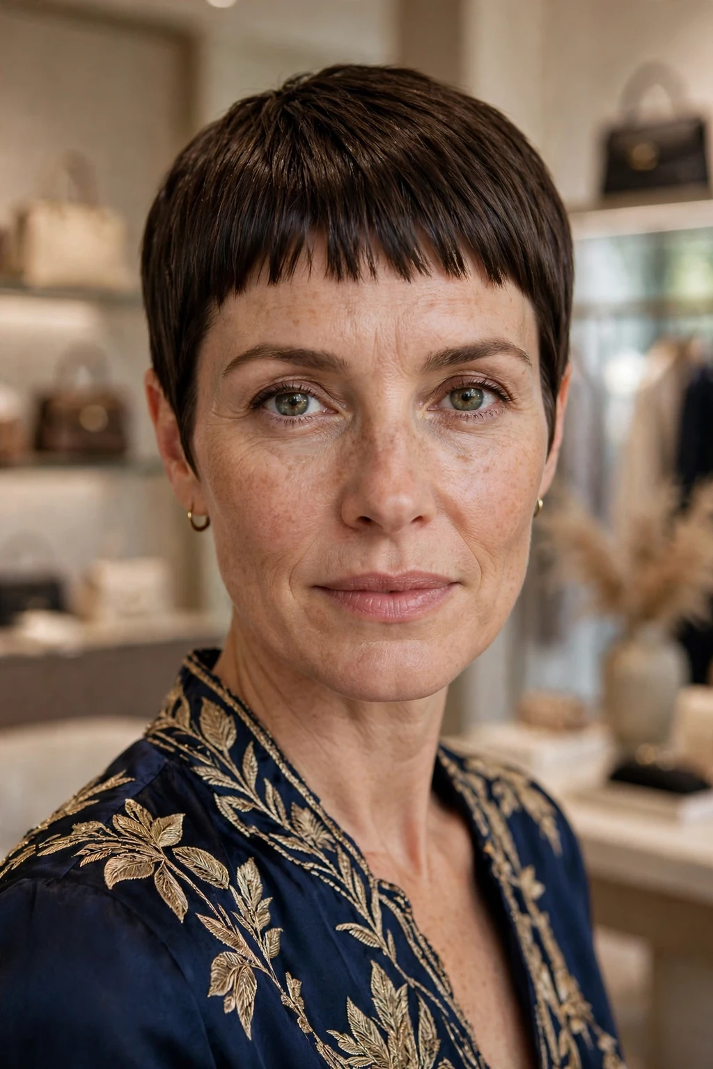 Beautiful woman with ultimate pixie bangs, perfect signature pixie bangs, exquisite light.