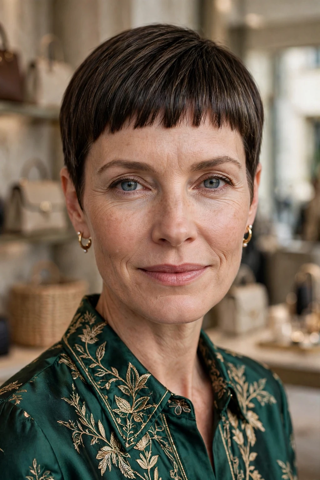Beautiful woman with ultimate short bangs, perfect signature short bangs, exquisite light.