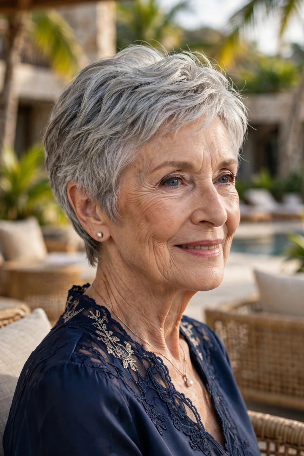 Beautiful older woman with ultimate wash-and-wear, perfect signature easy hair, exquisite light.