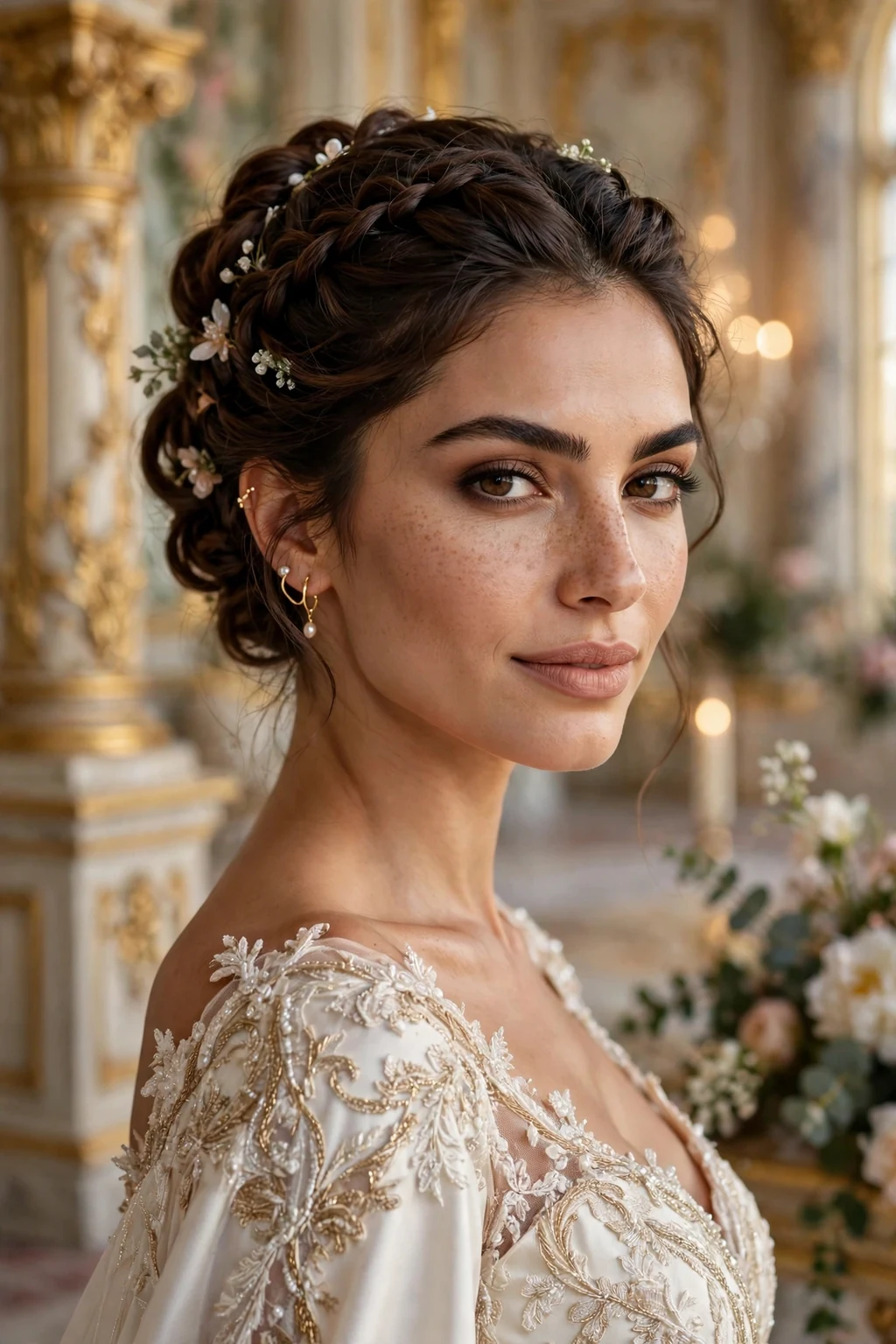 Beautiful bride with ultimate wedding hairstyle, perfect signature bridal, exquisite light.