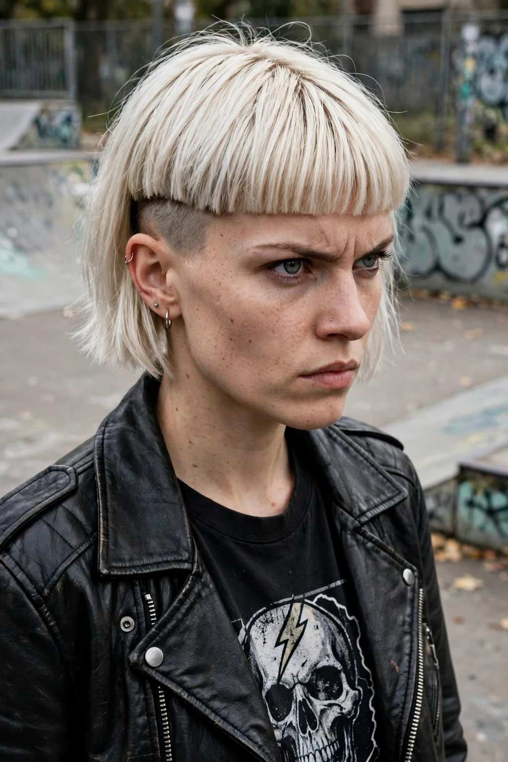 Young woman with a undercut bob with bold bangs hairstyle, edgy and dramatic.