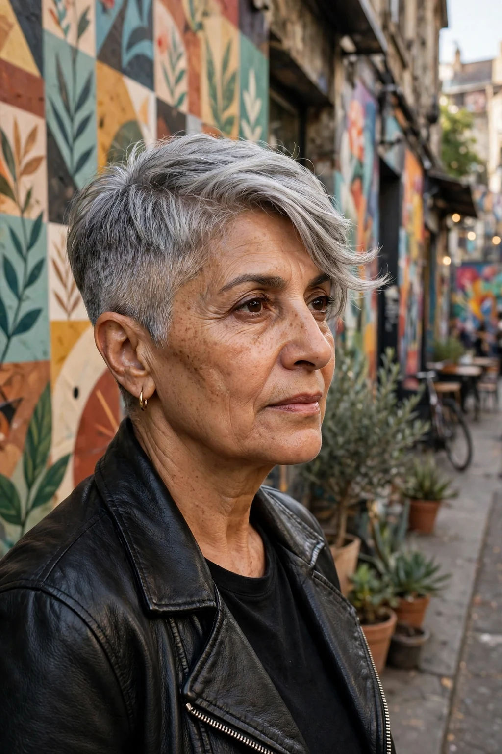 A woman in her late 50s with an undercut gray pixie, wearing a black leather jacket in an art district street.