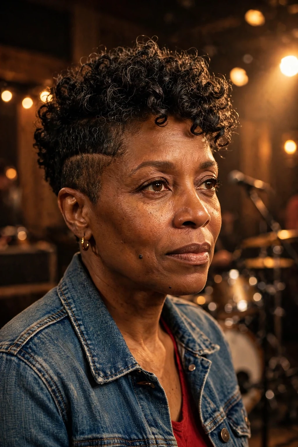 A Black woman in her early fifties with an undercut pixie haircut, wearing a denim jacket in a music venue.