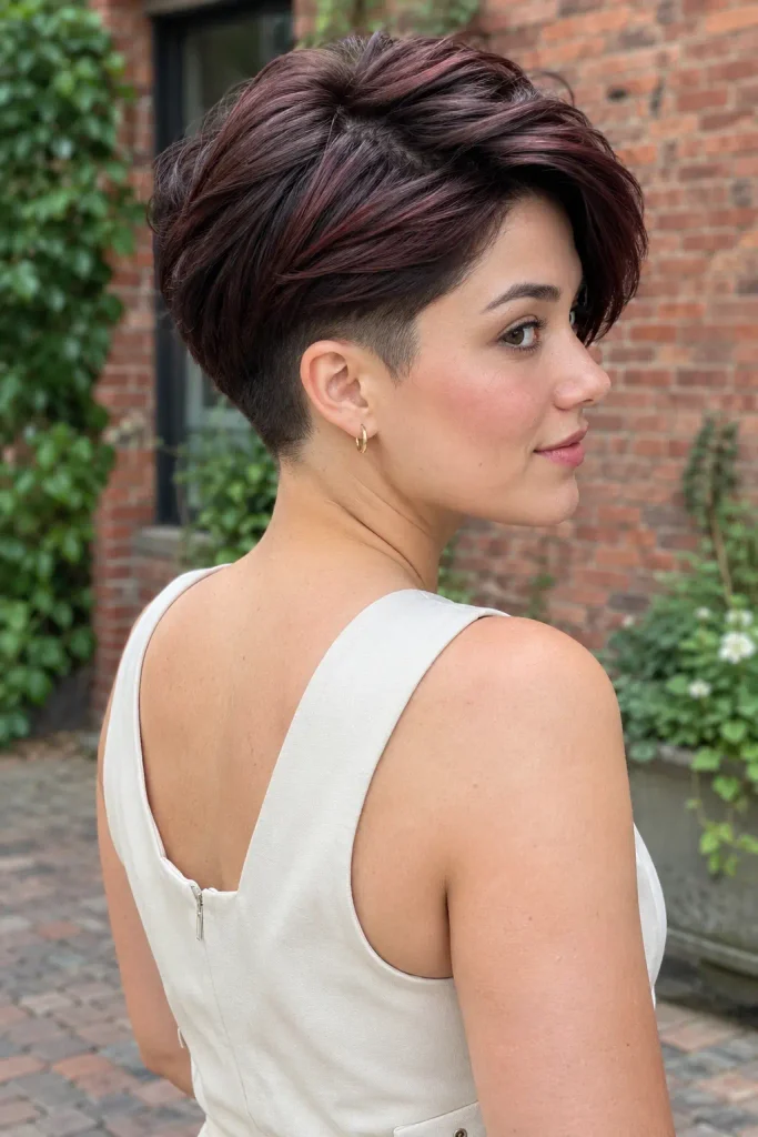Feminine Pixie Haircuts with a concealed undercut and longer soft crown layers