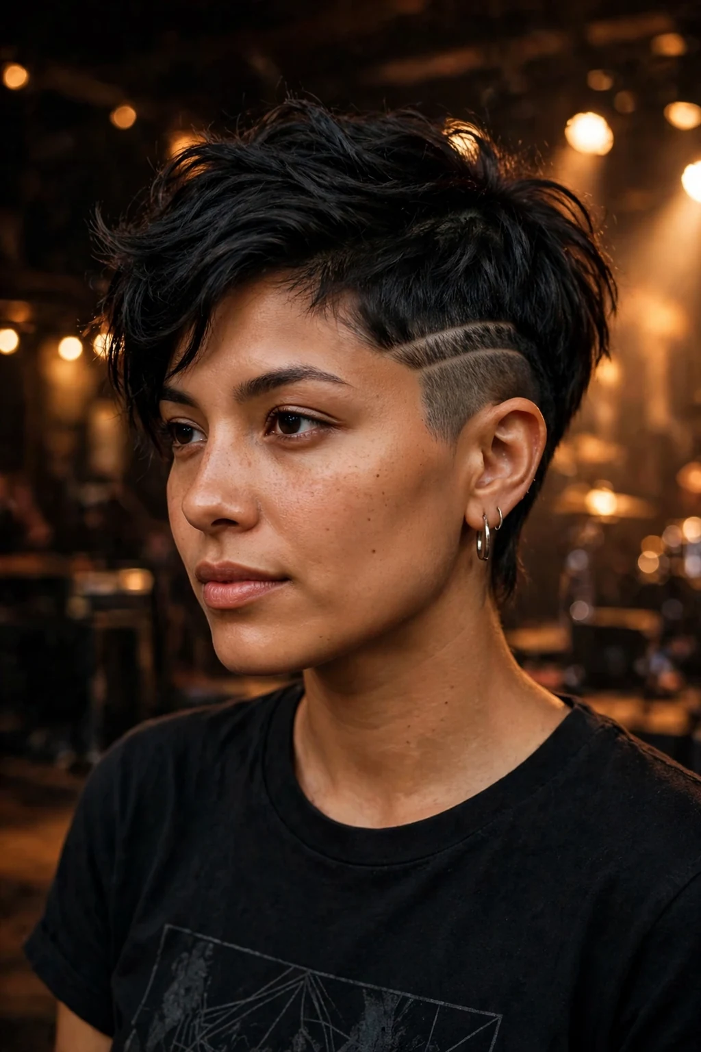 Young woman with an undercut pixie, shaved side detail and longer top, at a music venue.