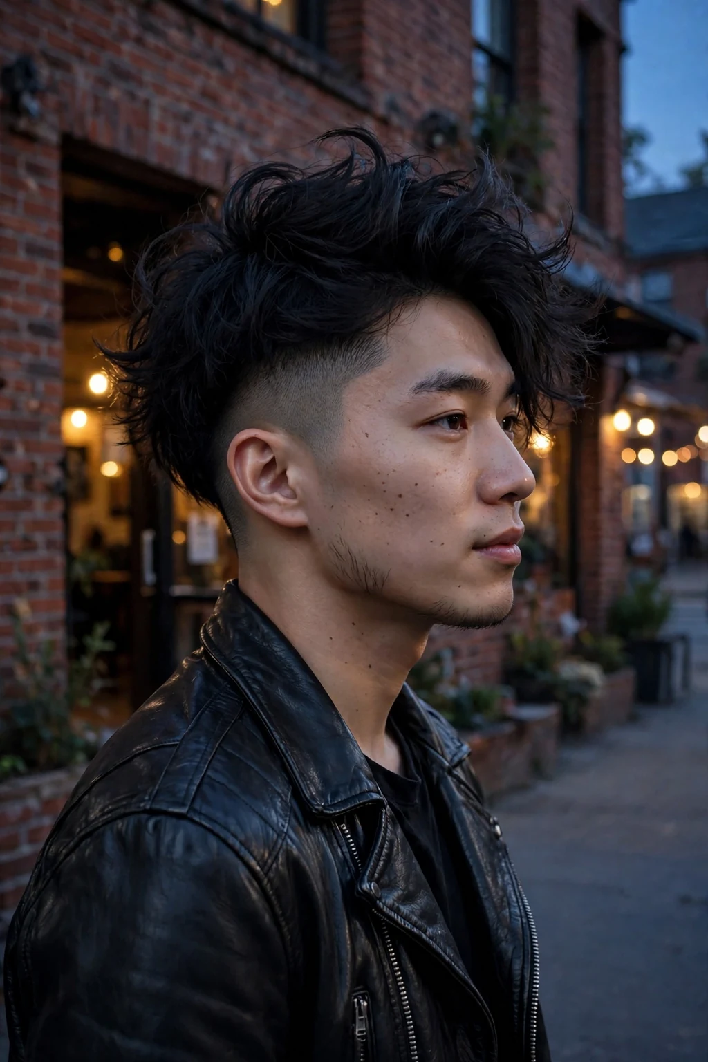 Young man with an undercut and voluminous top for thick hair, wearing a black leather jacket at a music venue.