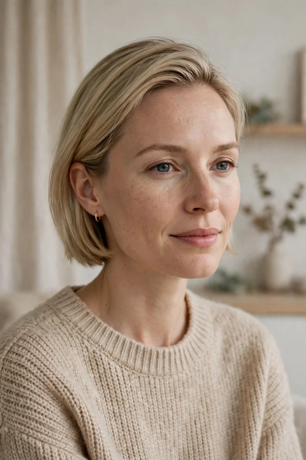 Beautiful woman with understated bob cut, quiet luxury bob, subtle light.