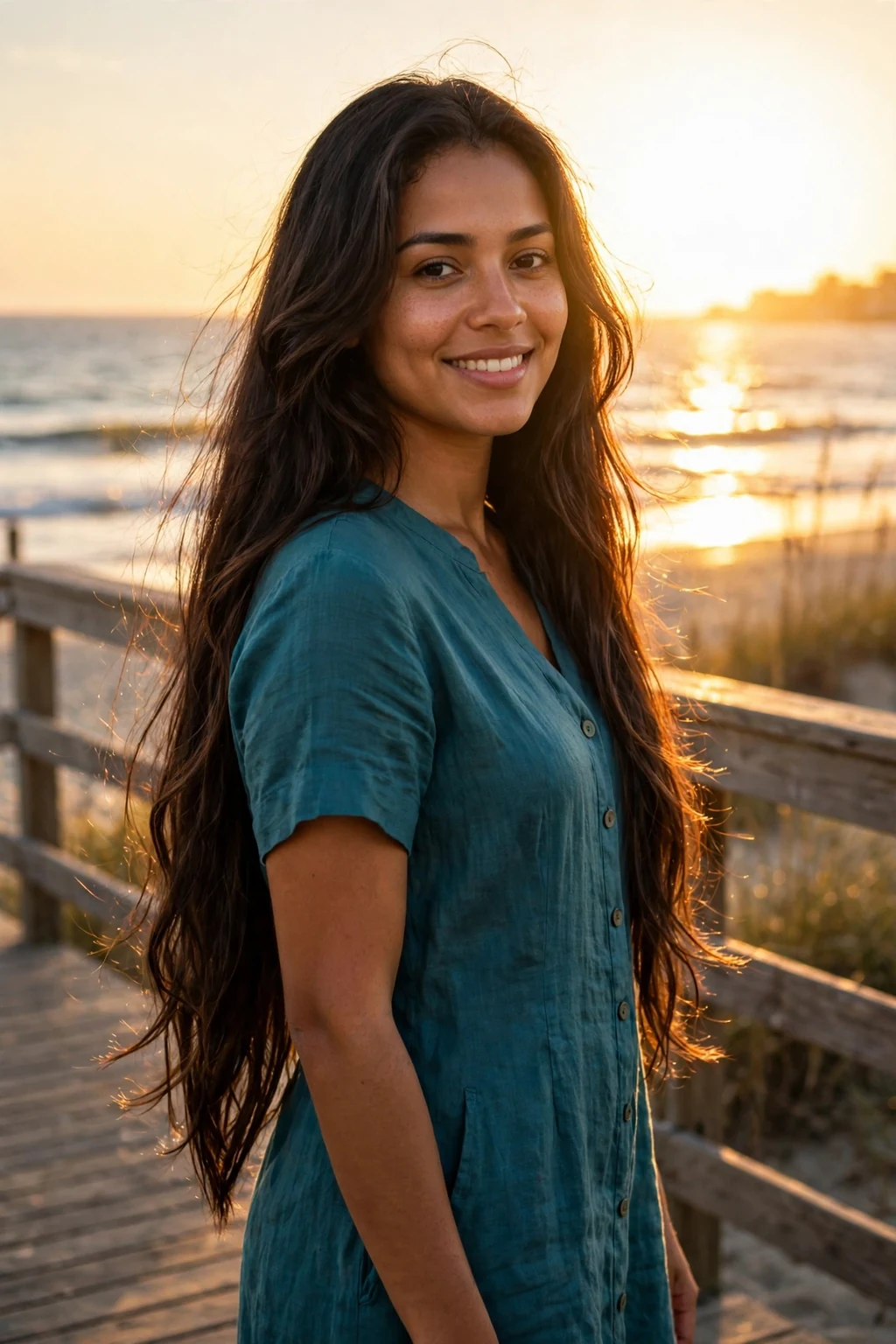 Young woman with long hair cut in a dramatic V shape, standing on a beach boardwalk at sunset.