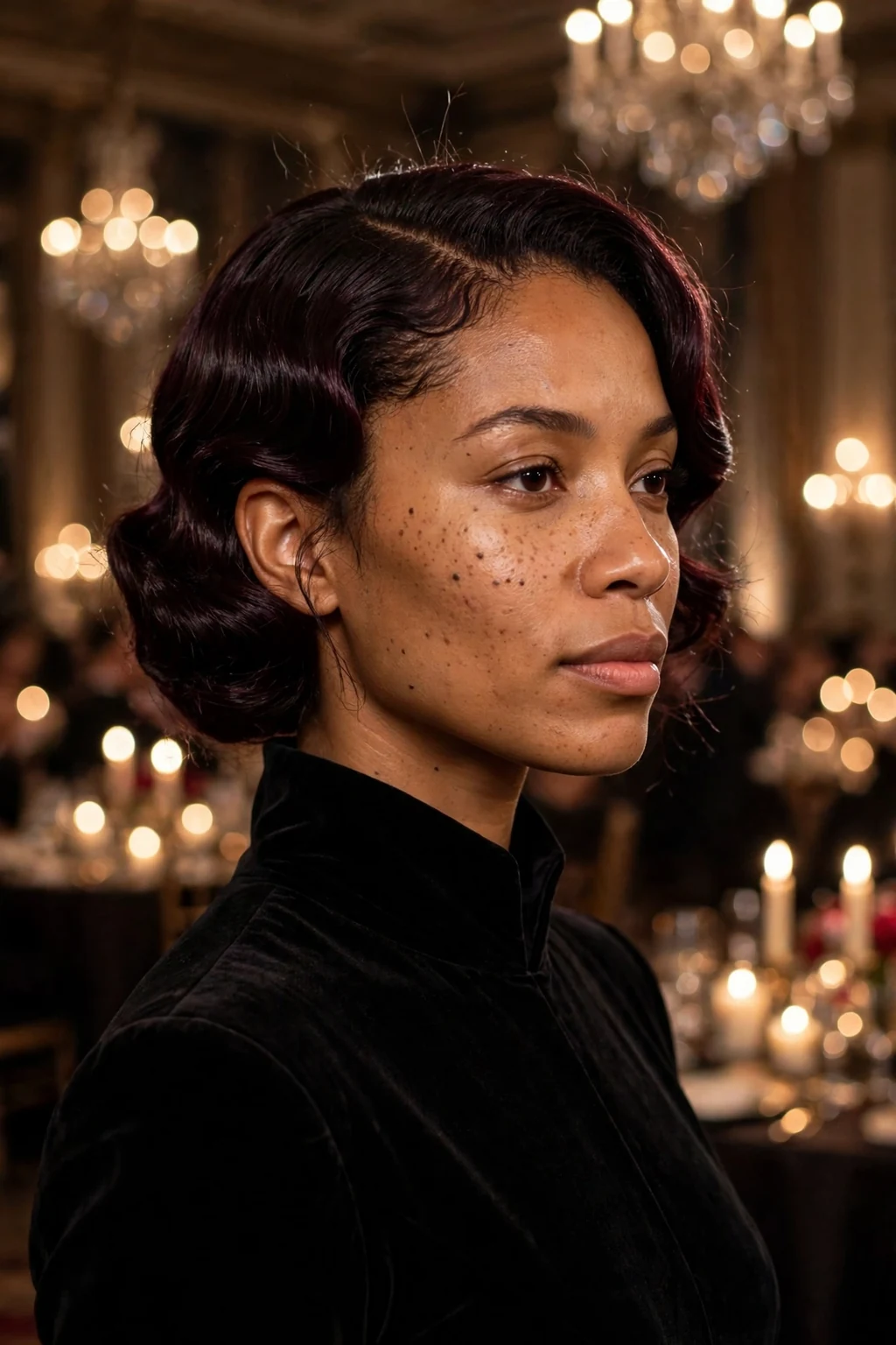 Young Black woman with vampire ballroom finger waves and a dark gown at a Halloween party.