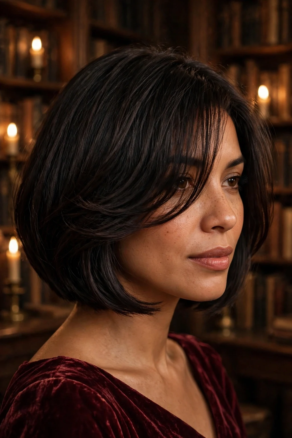Young woman with a deep side part and long sweeping vampire bangs on a short bob, wearing a burgundy dress in a candlelit library.