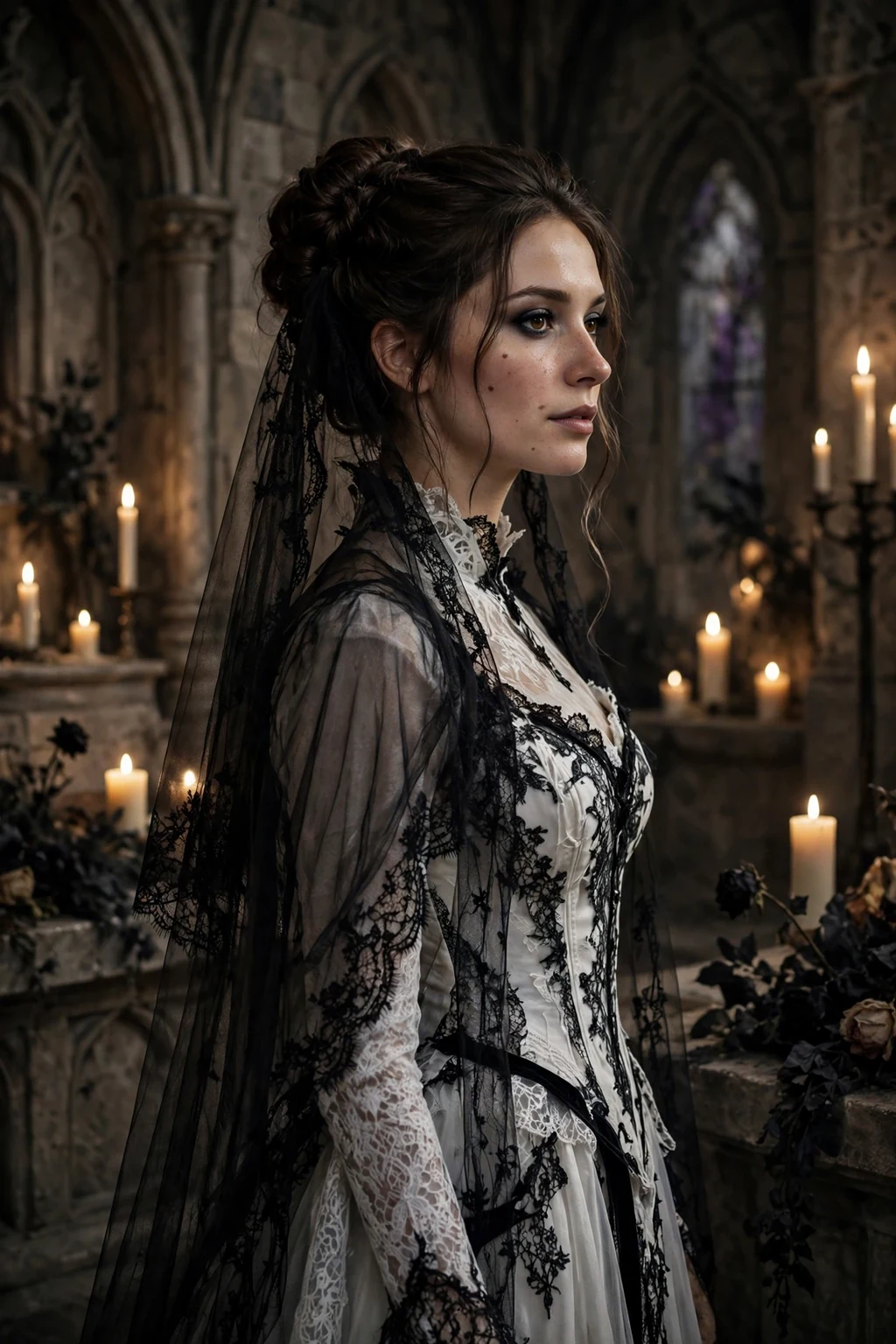Young woman with an elegant vampire bride updo and a white gothic gown in a candlelit chapel.