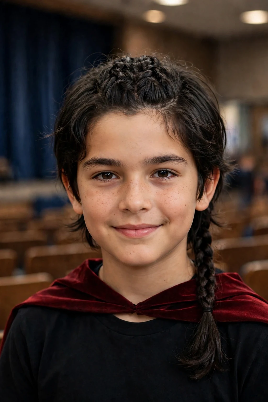 A boy with a half-up braid and a dark red cape collar, in a school auditorium with stage lights.