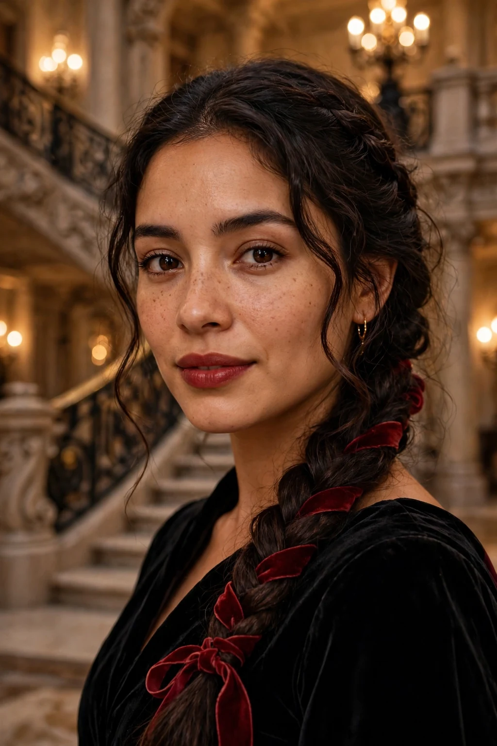 Young woman with a vampire kiss side braid draped over one shoulder with a red ribbon.
