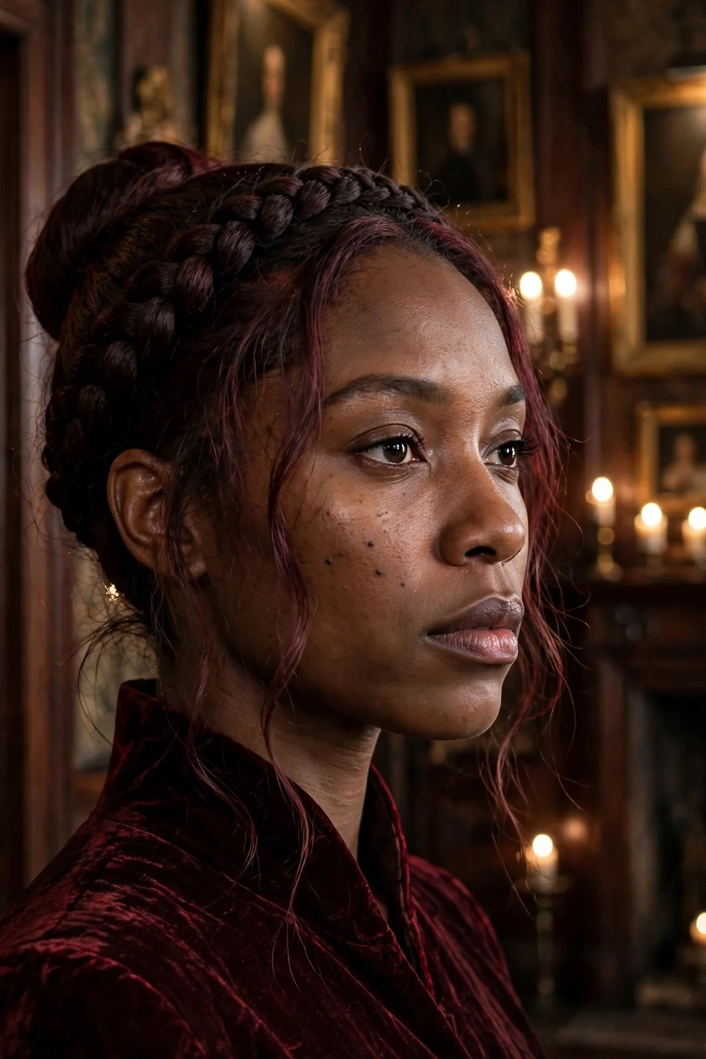 Young Black woman with a vampire queen crown braid updo and a dark red gown at a Halloween party.