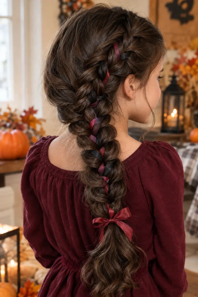 Vampire-inspired side braid Halloween hairstyle for kids