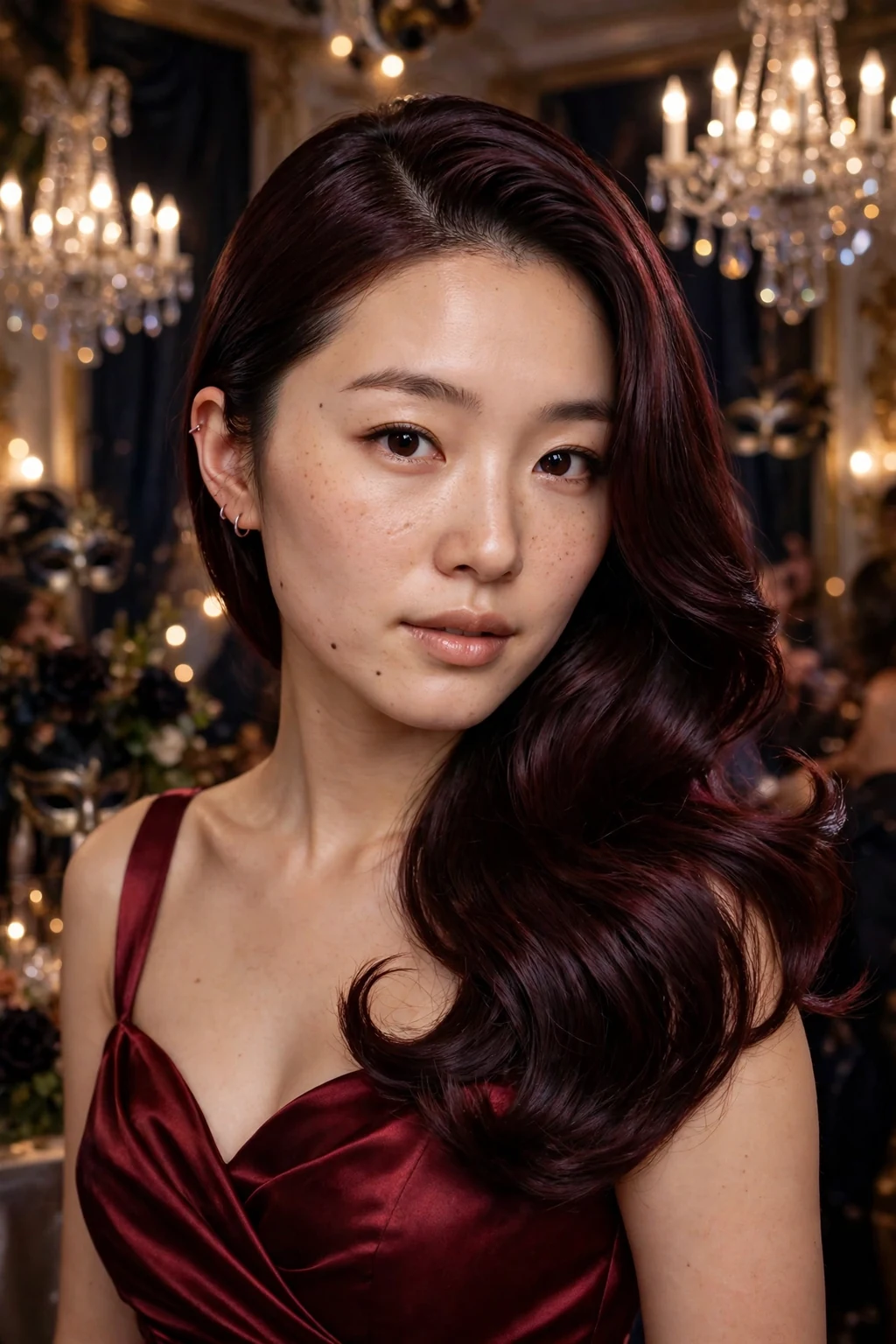Young woman with a sleek glossy vampire blowout and a dark red satin dress at a masquerade party.