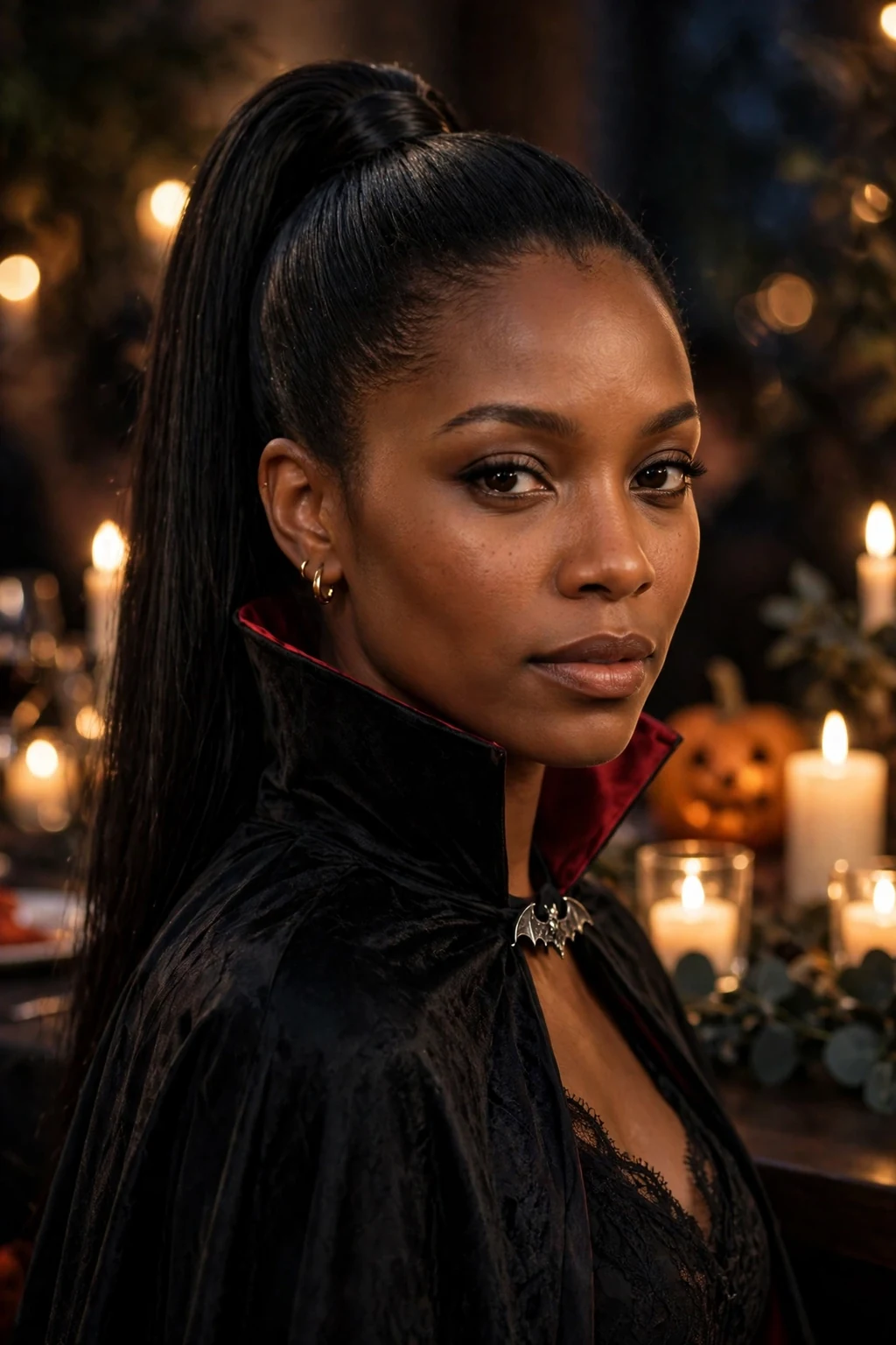 Young Black woman with a sleek high ponytail and a vampire costume at an evening Halloween party.