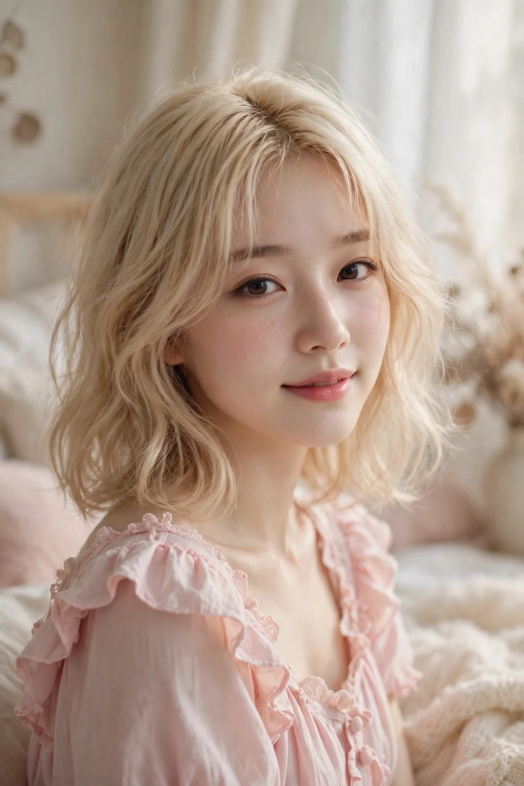 Beautiful woman with vanilla blonde, soft vanilla blonde tones, gentle light.