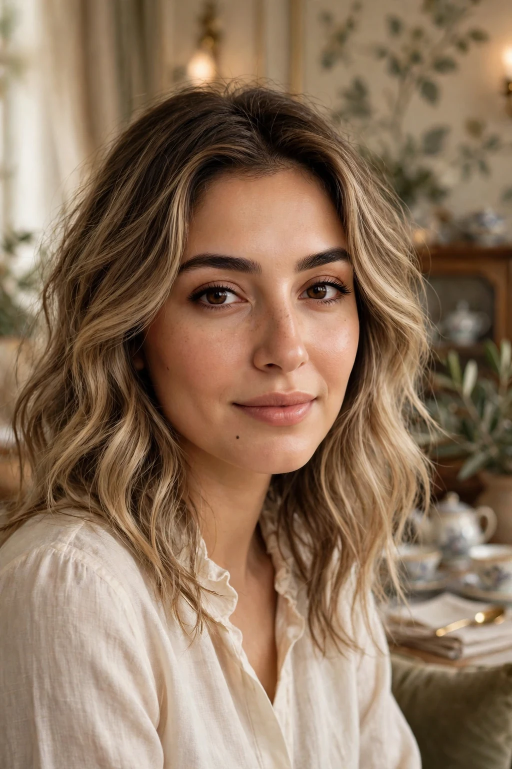 Beautiful woman with vanilla bronde, soft vanilla blonde-brown, soft light.