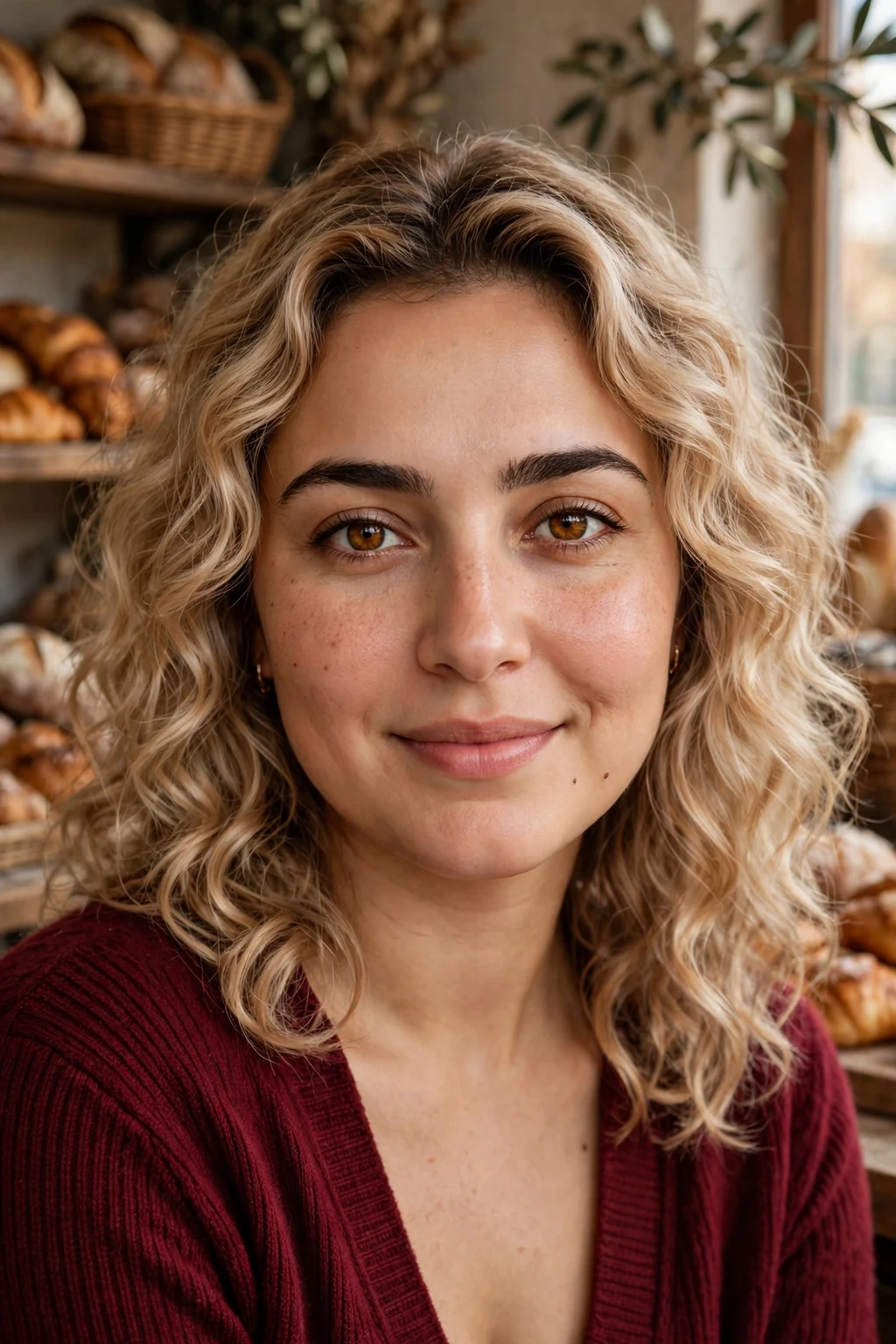 Young woman with vanilla chai blonde hair in soft curls, wearing a dark red cardigan in a bakery.