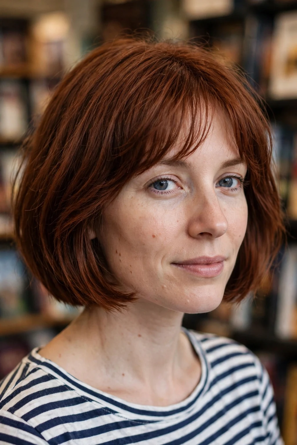 Young Canadian woman in her early 30s with a velvet auburn French bob, wearing a striped Breton top, in a Quebec City bookstore.
