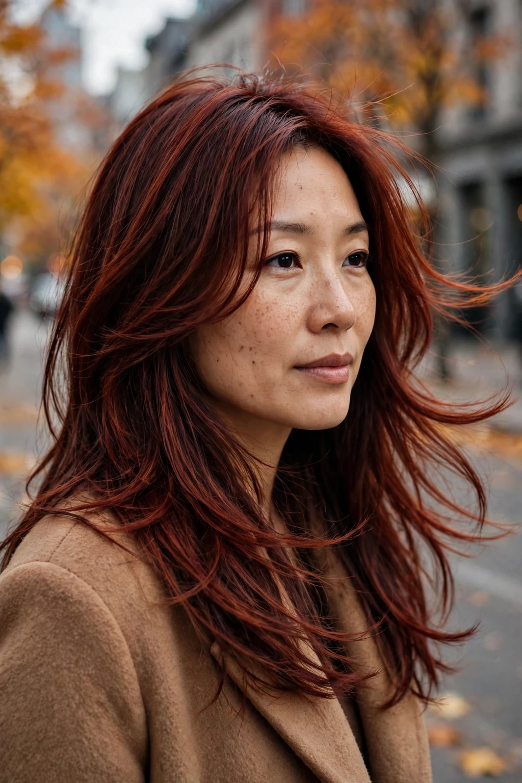 Young Canadian woman in her early 30s with layered velvet auburn hair, wearing a camel coat, walking a Montreal street in autumn.