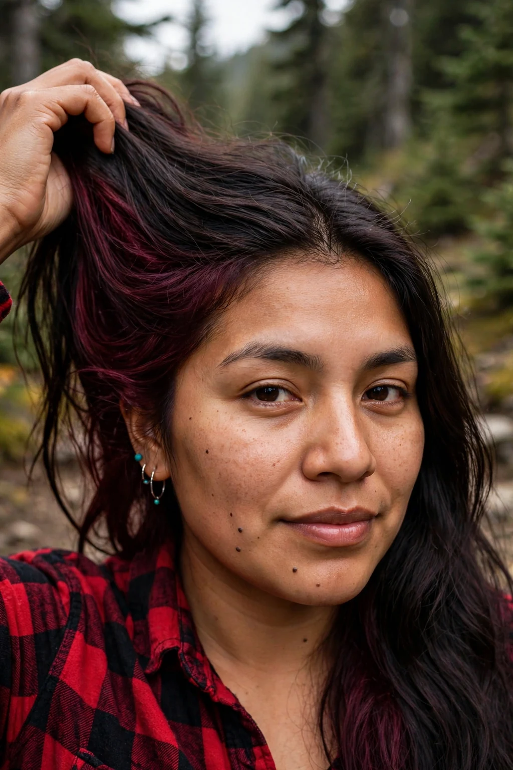 Young Canadian woman in her late 20s with dark hair and velvet burgundy peekaboo highlights, wearing a plaid flannel shirt, on a Whistler hiking trail.