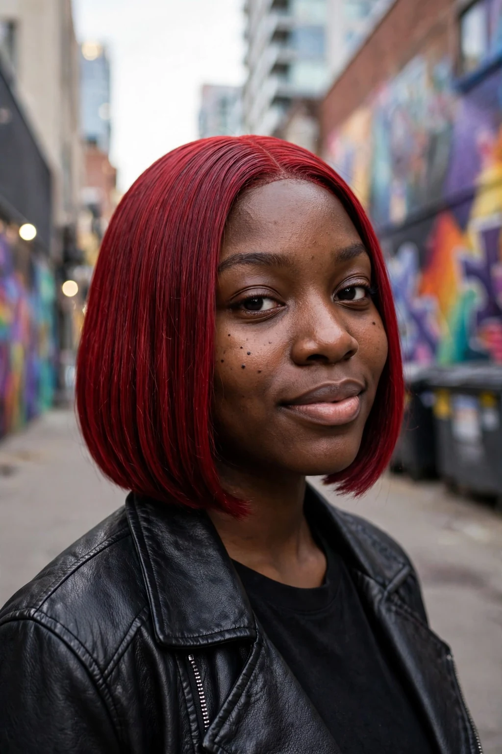 Young Canadian woman in her mid 20s with a velvet cherry bob, wearing a black leather jacket, in a downtown Calgary alley with murals.
