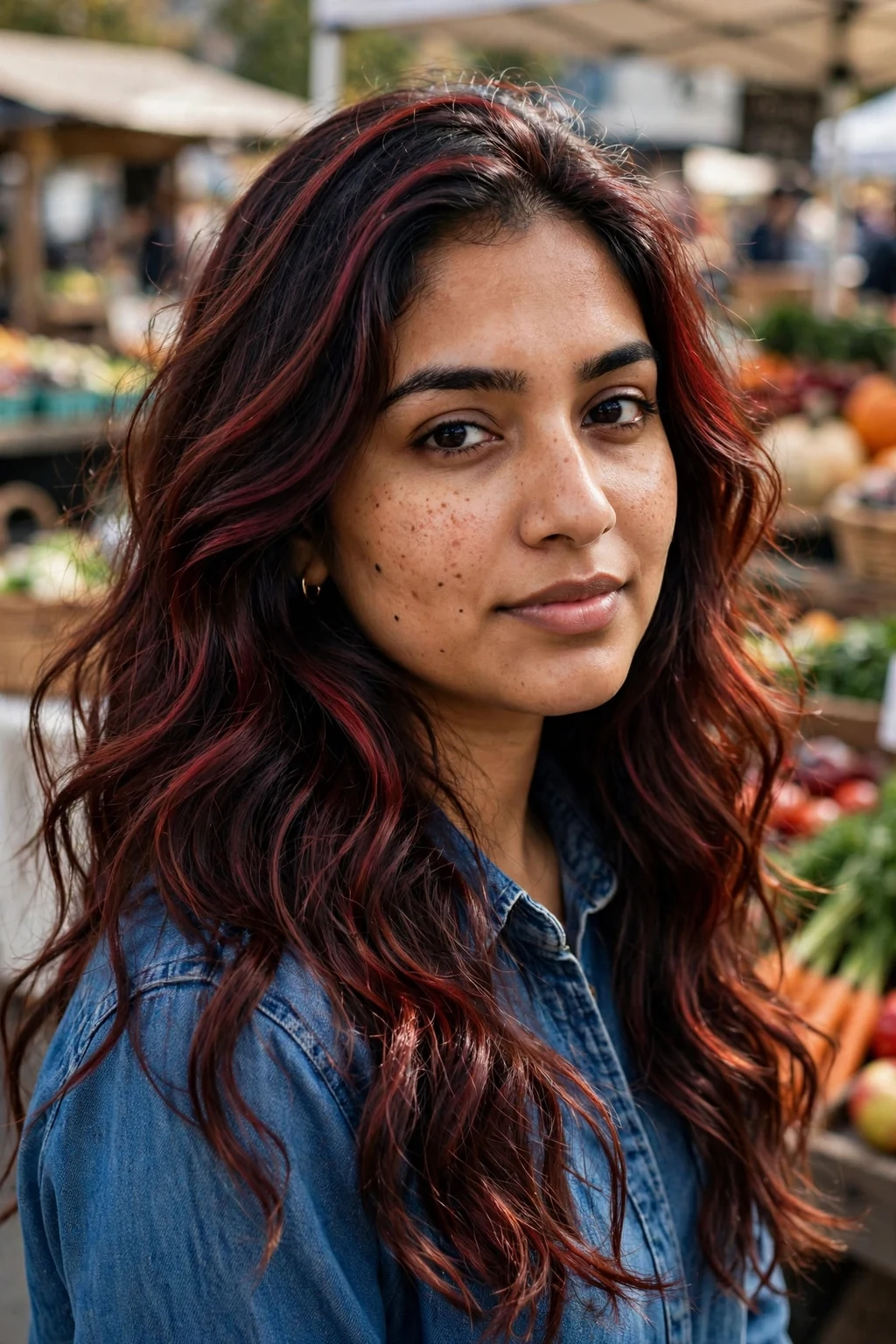 Young Canadian woman in her mid 20s with velvet cherry cola waves, wearing a denim shirt, at an outdoor Ottawa farmers market.