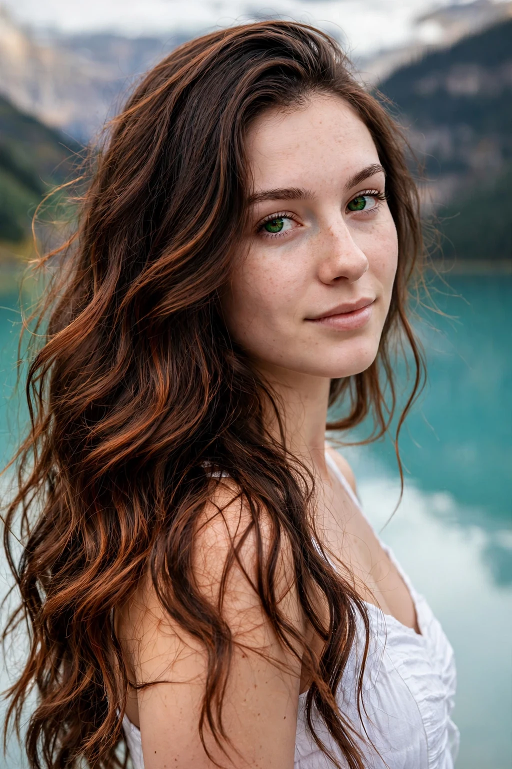 Young Canadian woman in her early 20s with velvet cinnamon balayage waves, wearing a white sundress, on a Lake Louise lakeshore.