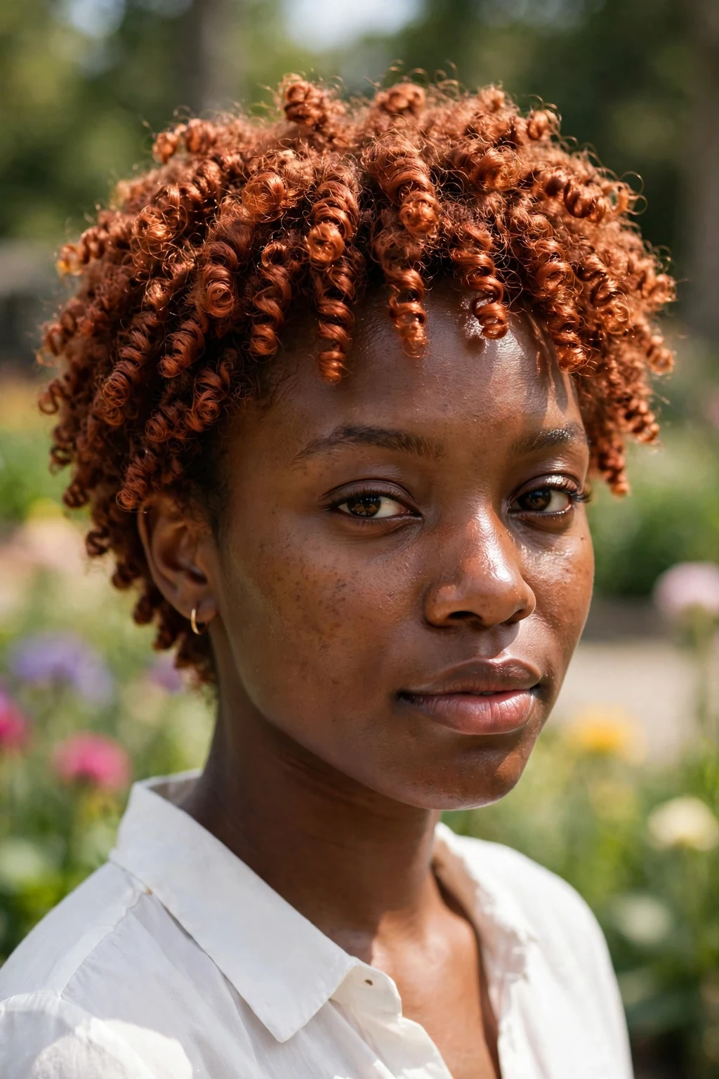 Young Canadian woman in her mid 20s with velvet copper coil curls, wearing a white blouse, in a sunny Toronto botanical garden.