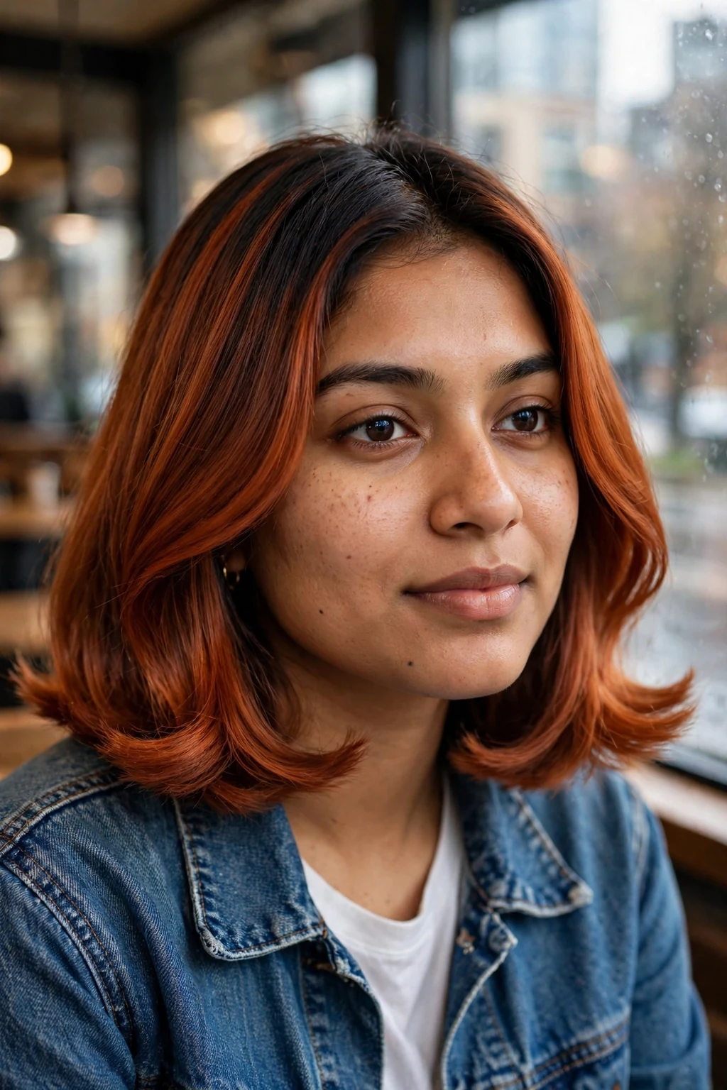 Young Canadian woman in her mid 20s with a velvet copper melt bob, wearing a denim jacket, sitting in a Vancouver coffee shop.