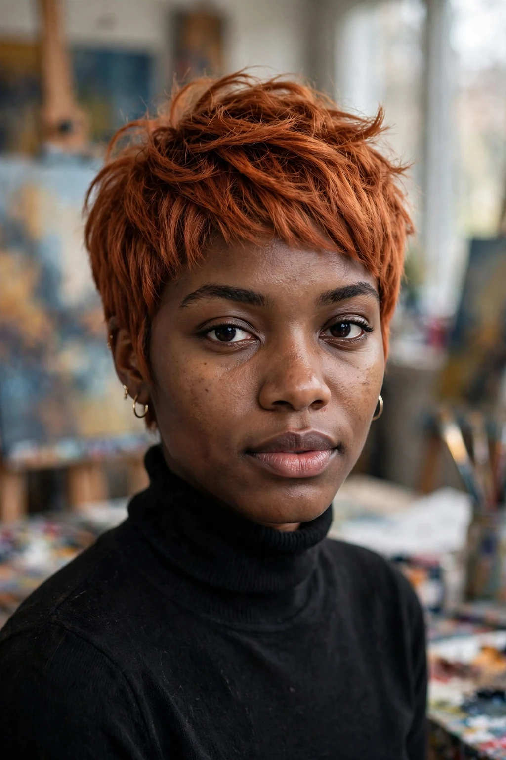 Young Canadian woman in her mid 20s with a velvet copper pixie cut, wearing a black turtleneck and gold hoops, in an Edmonton art studio.