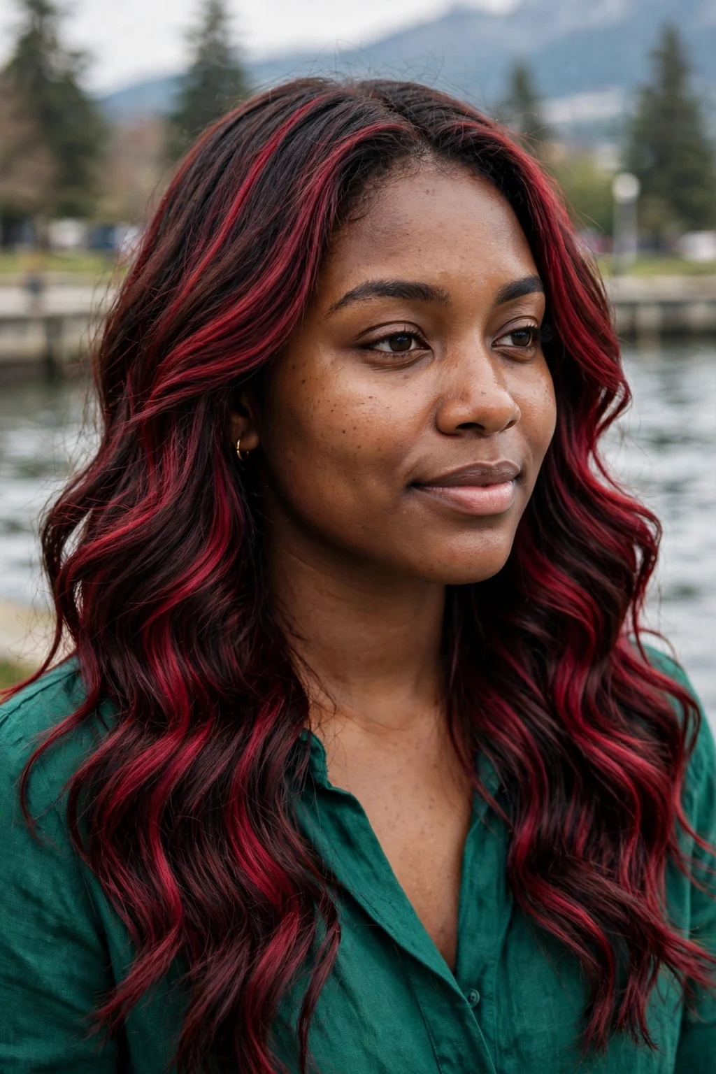 Young Canadian woman in her late 20s with velvet crimson balayage, wearing an emerald blouse, in a Vancouver seawall park.