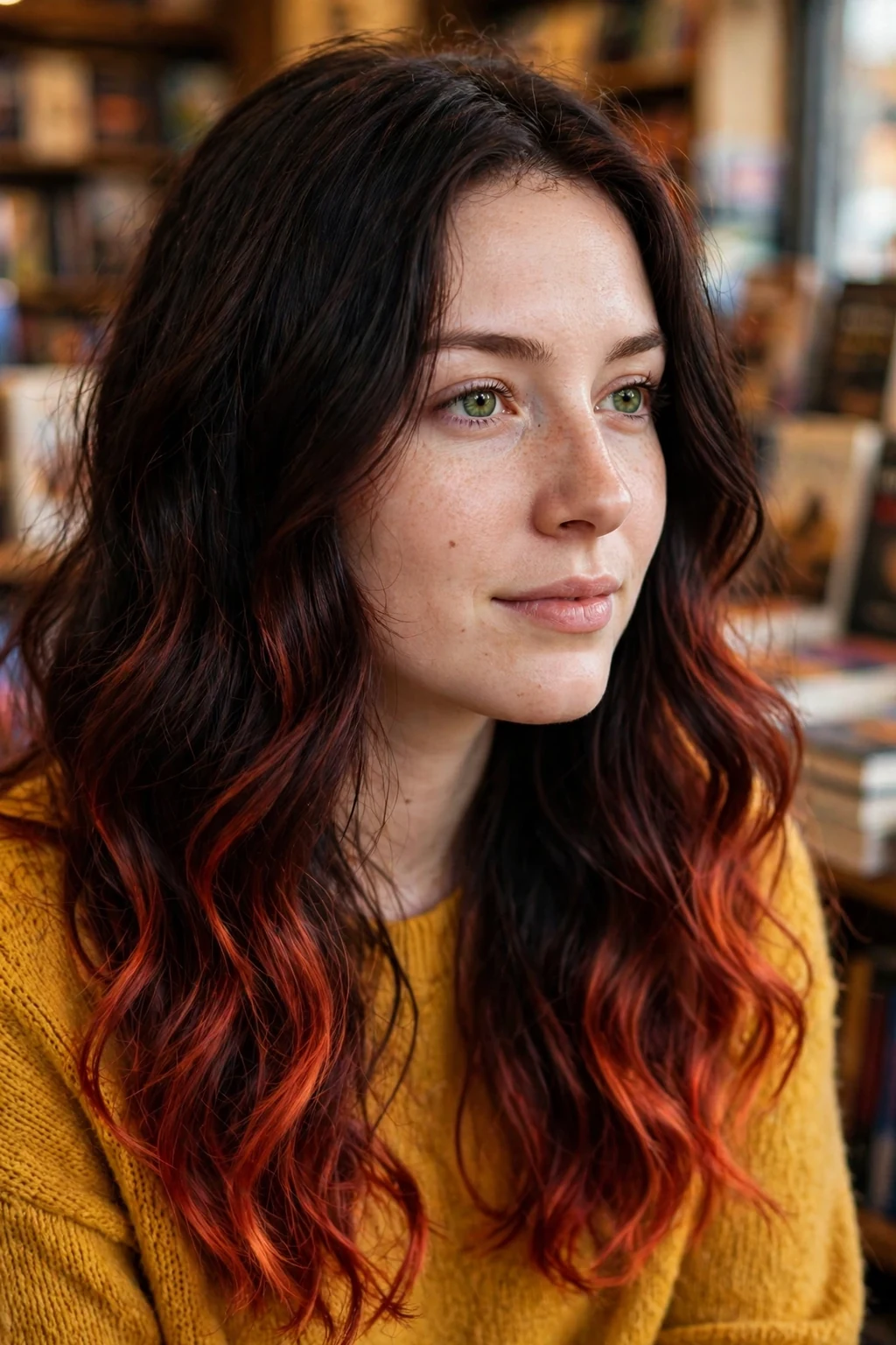 Young Canadian woman in her mid 20s with dark hair and velvet ember-dipped ends, wearing a mustard sweater, in a cozy Halifax bookstore.
